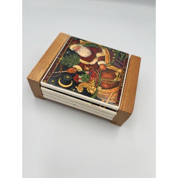 Absorbent Stone Coaster St Nicholas Set of 4 Wood Tray Boxed Santa Christmas NOS - Picture 9 of 10